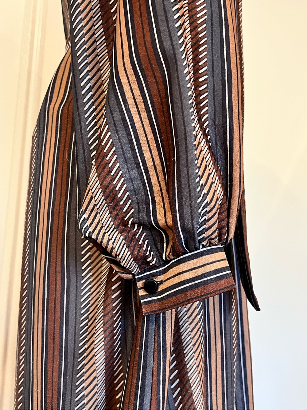 Vintage 70s Secretary Dress Brown Stripe Bow Scarf Neck Belted Blouson - Picture 8 of 8
